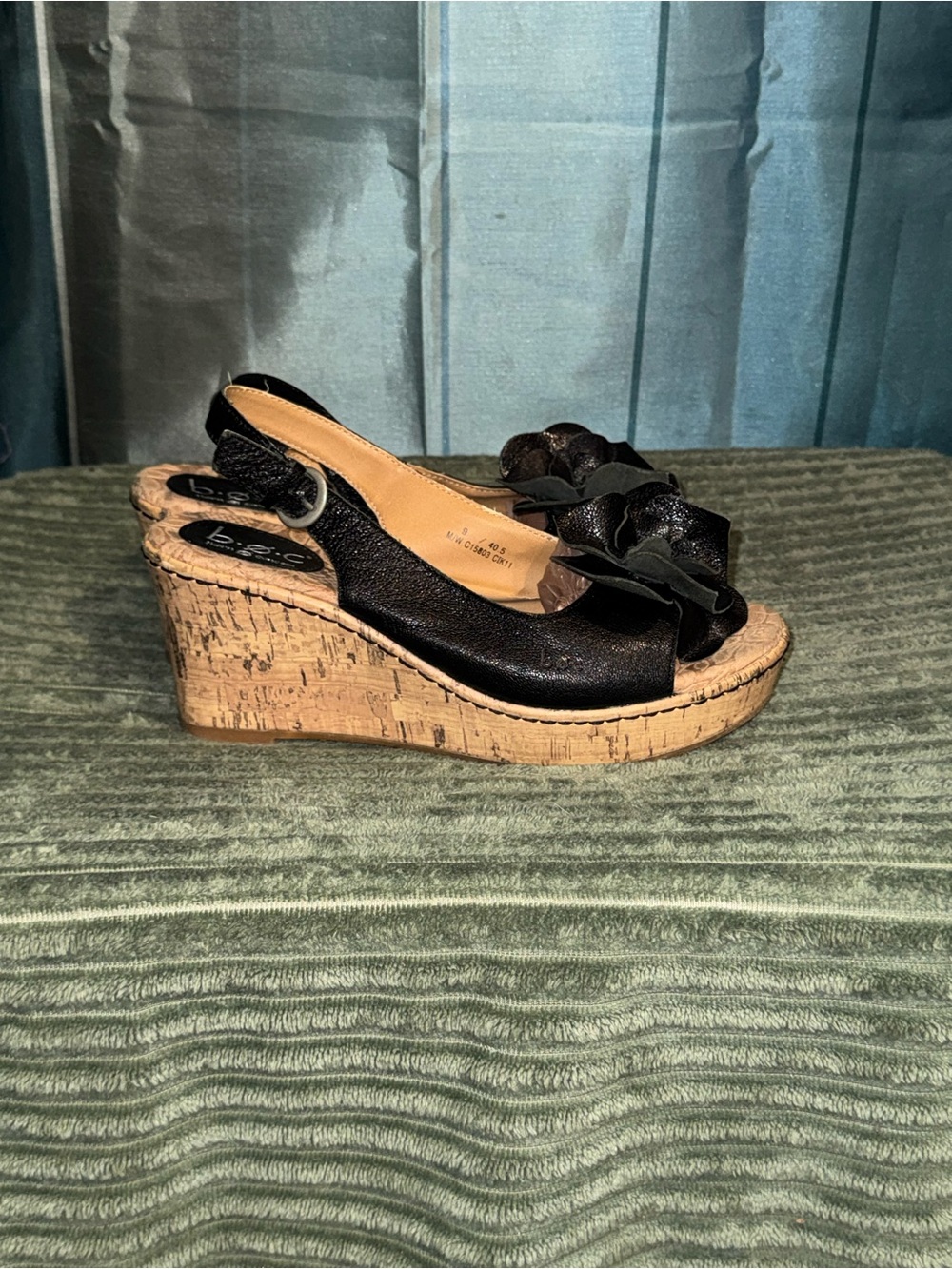 boc Black Cork Wedge Slingback Sandals with Ruffle Bow